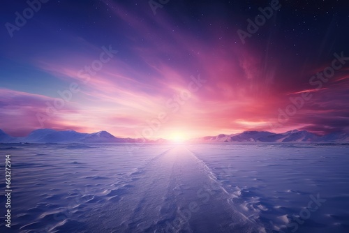 Winter panorama landscape. Field and mountains covered snow. Sunrise, winterly morning of a new day. Purple landscape with sunset. Happy New Year and Christmas concept