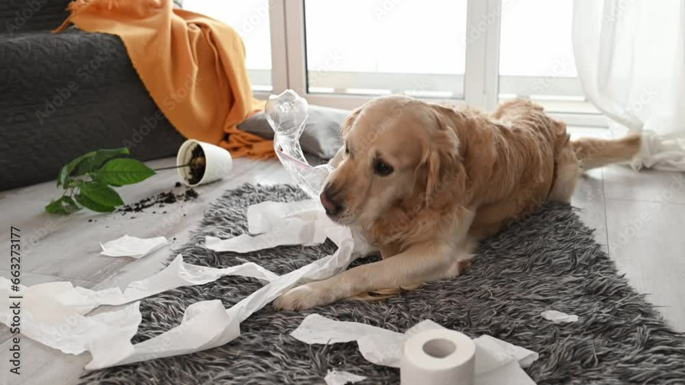 Golden retriever dog playing with toilet paper in living room and broke plant. Purebred doggy pet making mess with tissue paper and home flower