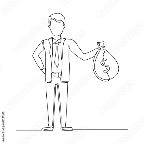 Continuous single line sketch drawing art of business man with big money bag. Vector illustration one line of bank savings dollar money