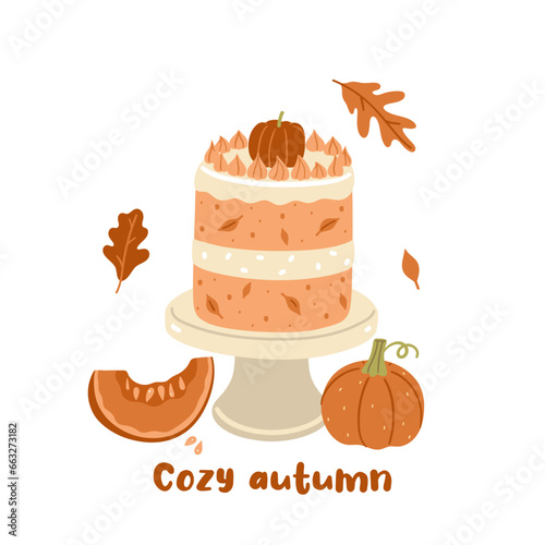 Card or poster with pumpkin cake and pumpkin. Vector graphics.