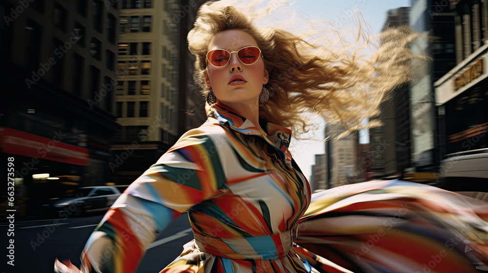 A plus-size model with a certain self-confidence in the city, wearing her colorful dress