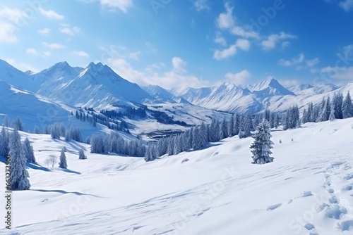 panorama of winter mountains with snow. copy space background, generative ai