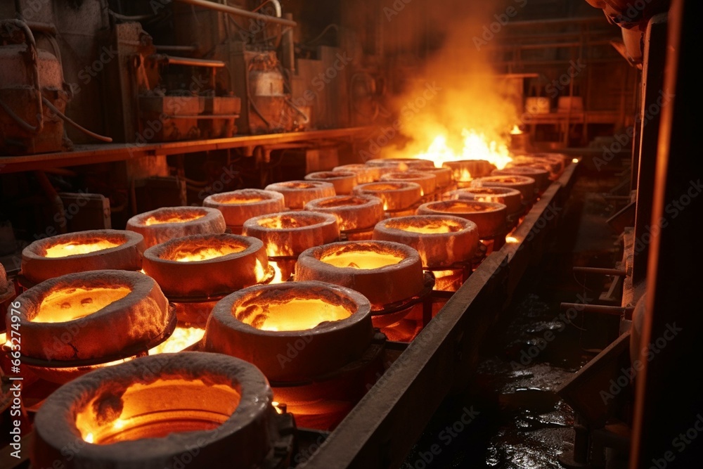 Intense molten metal poured into vats in a foundry. Generative AI