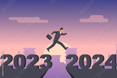 Man businessman jumps from 2023 to 2024 on background city. Vector illustration flat design. Big numbers. Forward to future.