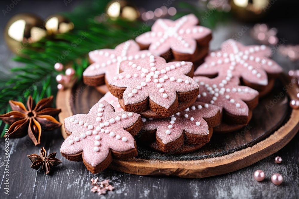Christmas gingerbread cookies adorned with sweet pink icing