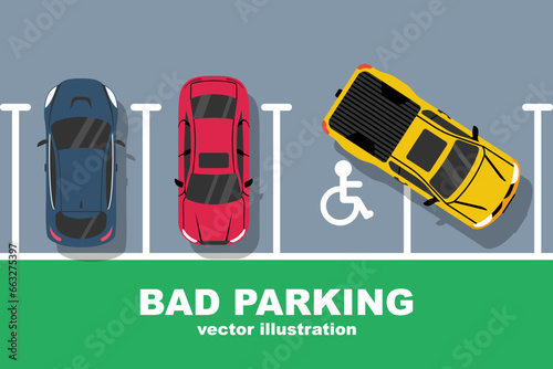 Bad parking. Good and bad parking examples. Top view. Traffic regulations. Rules of the road. Vector illustration flat design. Isolated on white background.