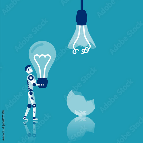 Robot change lamp. Changing mechanism replacing the light bulb. Changes the broken lamp. Vector illustration flat design. Isolated on white background. Innovation in lighting. Technical worker.