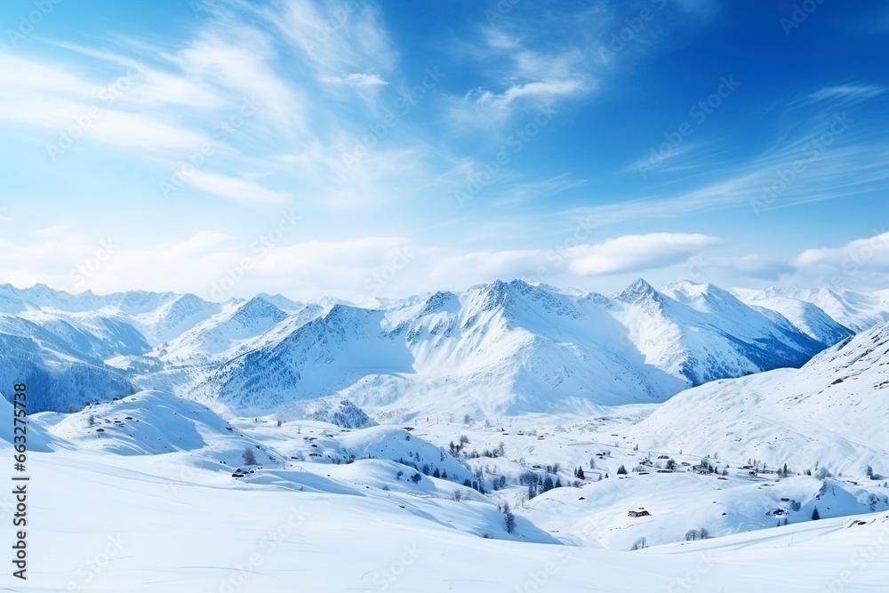 panorama of winter mountains with snow. copy space background, generative ai