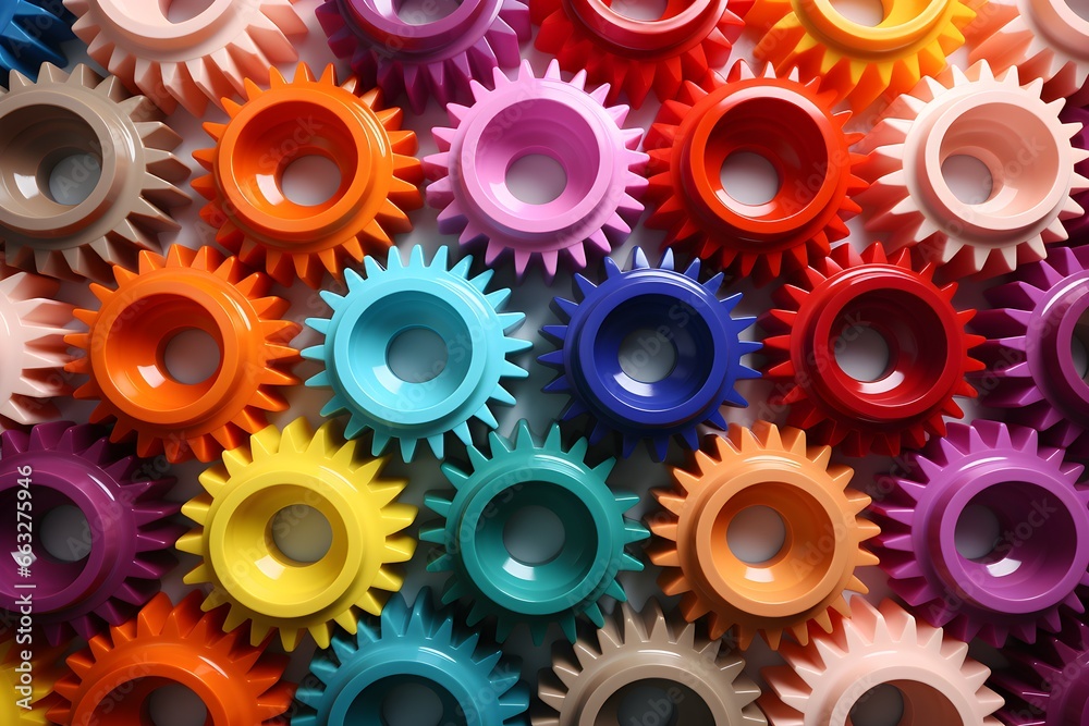 Vibrant plastic gears interlock, symbolizing the interconnectedness and mechanics of business operations and collaborations. - obrazy, fototapety, plakaty 