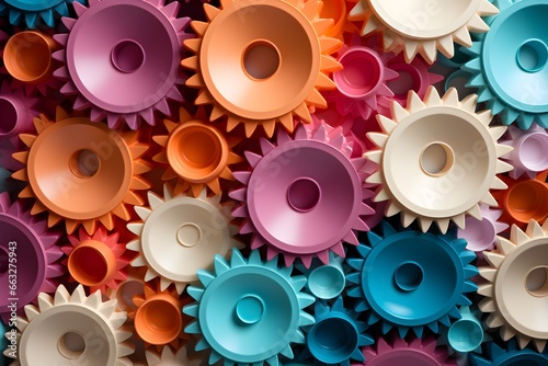 Vibrant plastic gears interlock, symbolizing the interconnectedness and mechanics of business operations and collaborations.