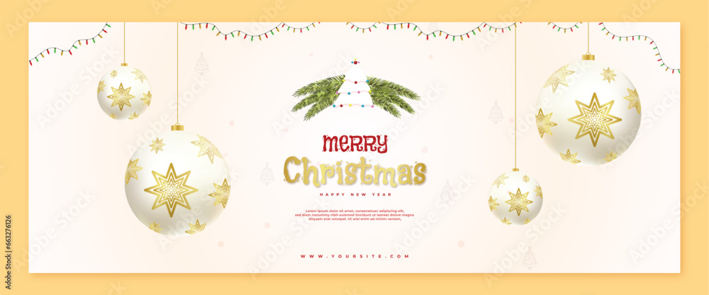 Fototapeta premium Merry Christmas and New Year wishing or greeting card banner or poster design on cream color Xmas background with snowflakes light, stars. Merry Christmas card. Vector Illustration