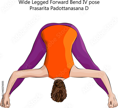 Young woman doing yoga Prasarita Padottanasana D. Wide Legged Forward Bend 4 pose. Intermediate Difficulty. Isolated vector illustration.