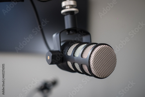 Podcast or music recording audio microphone. Home studio equipment. Broadcasting, free speech concept, Youtuber or content creator concept.