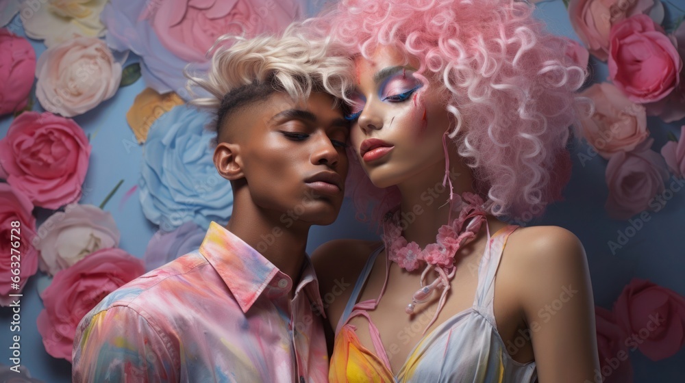 Obraz premium Portrait of non-binary people on a colorful background