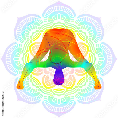 Colorful silhouette of Prasarita Padottanasana D. Wide Legged Forward Bend 4 pose. Isolated vector illustration on Mandala background.