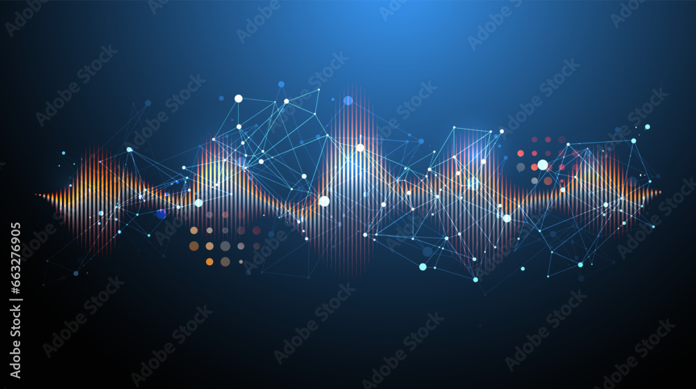 Sound wave with plexus effect. Dynamic vibration wallpaper. Frequency pulse modulation vector illustration. - obrazy, fototapety, plakaty 