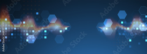Sound wave with glowing hexagones. Dynamic vibration wallpaper. Frequency pulse modulation vector illustration.