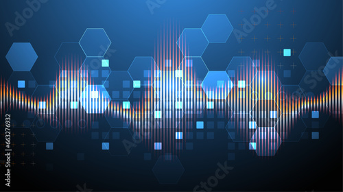 Sound wave with glowing hexagones. Dynamic vibration wallpaper. Frequency pulse modulation vector illustration.