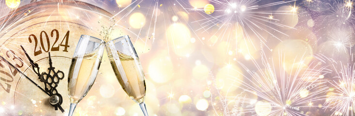 2024 Happy New Year - Celebration With Champagne And Clock - Gold Abstract Defocused Bokeh Lights