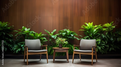Modern, stylish waiting room in green office. Comfortable wooden chairs arranged for job interview, appointment or business meeting. Workplace with lush greenery for calming and inviting atmosphere.