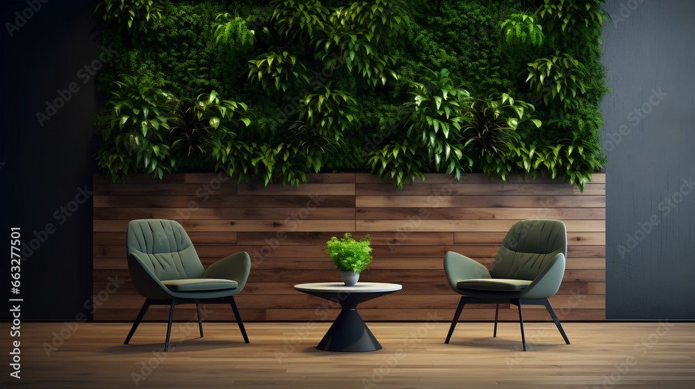 Modern, stylish waiting room in green office. Comfortable wooden chairs arranged for job interview, appointment or business meeting. Workplace with lush greenery for calming and inviting atmosphere.