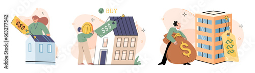 House for sale. Vector illustration Renting and investing in house required assessing rental demand and market dynamics The mortgage lorepayment was long-term commitment for buyer Buying residential