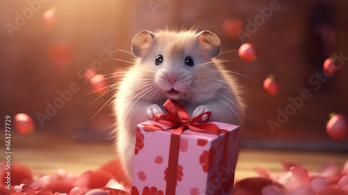 Cute hamsters in love celebrating Valentine's Day and opening a gift