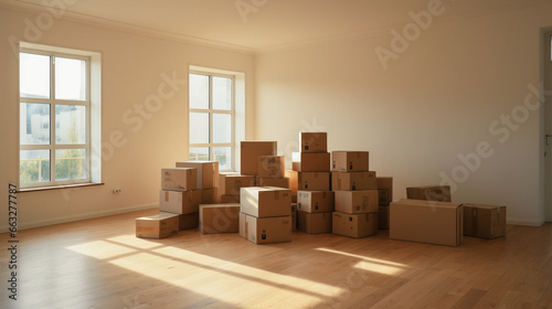 Full of boxes waiting to be unpacked on moving day, Moving house day and real estate concept © Katrin_Primak