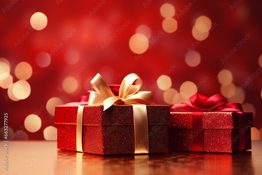 red Christmas gift boxes with gold bow on red defocused holiday background