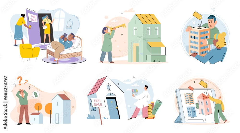 Real estate search. Vector illustration Buying residential property involved negotiating purchase price People looking for home relied on real estate search concept to find available listings