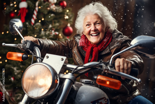 happy smiling old woman on motorcycle in winter forest with Christmas tree