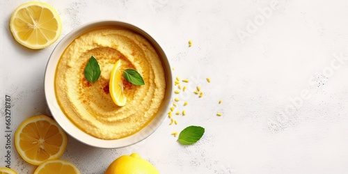 Hummus in a yellow bowl with lemon