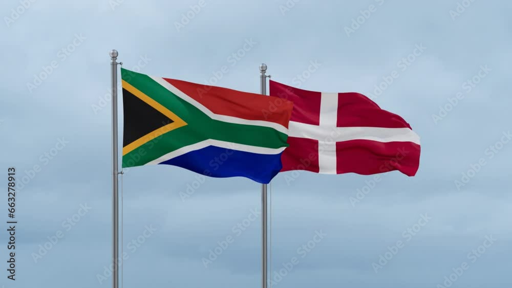 Denmark flag and South Africa flag waving together on cloudy sky, endless seamless loop, two country relations concept Denmark flag and South Africa flag waving together on cloudy sky, endless seamless loop, two country relations concept