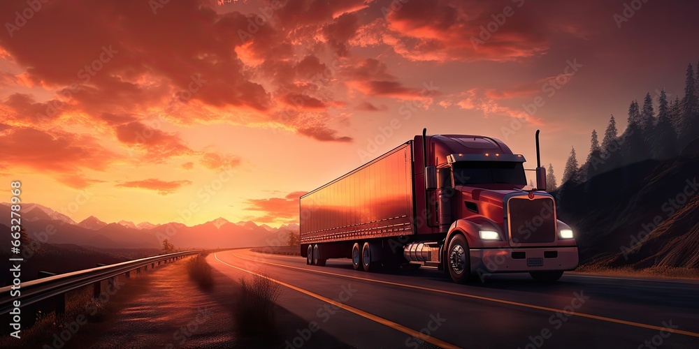 Transporting goods. Fast cargo truck on highway at sunset. Logistics and shipping. Speedy freight on road. Heavy freight transportation in motion Transporting goods. Fast cargo truck on highway at sunset. Logistics and shipping. Speedy freight on road. Heavy freight transportation in motion