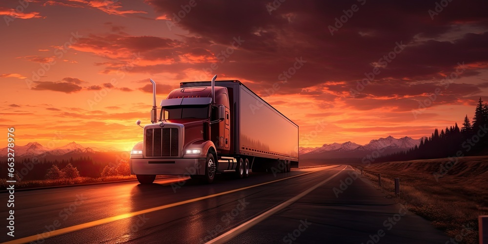 Transporting goods. Fast cargo truck on highway at sunset. Logistics and shipping. Speedy freight on road. Heavy freight transportation in motion Transporting goods. Fast cargo truck on highway at sunset. Logistics and shipping. Speedy freight on road. Heavy freight transportation in motion