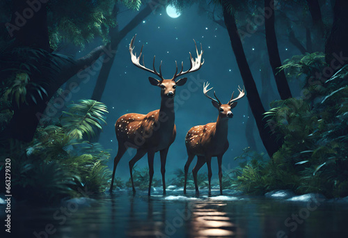 deer - Beautiful 3D illustration of deer in night tropical forest © HanzProject