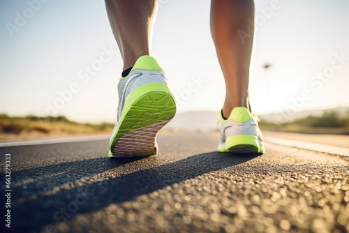Closeup Of Runners Feet On Road, Focusing On The Shoe