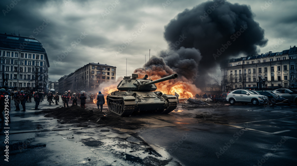 burning fire and war in the city in east europe