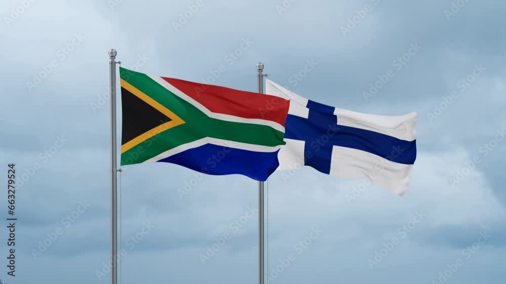 Finland flag and South Africa flag waving together on cloudy sky, endless seamless loop, two country relations concept Finland flag and South Africa flag waving together on cloudy sky, endless seamless loop, two country relations concept