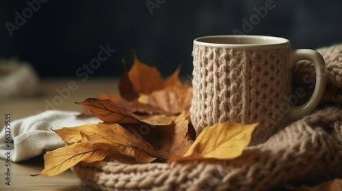 Cozy still life about a cup of coffee in a knitted style mug 