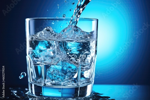 Closeup View Of Stream Of Clear, Transparent, Cold Water Being Poured Into Glass Beaker On Blue Background With Beautiful Lighting, Creating Image Of Glowing Water In Glass