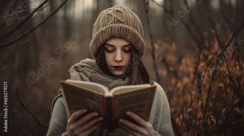 Woman reading a book in the autumn forest in knitted cap 