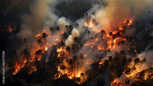 fire in the forest from top view