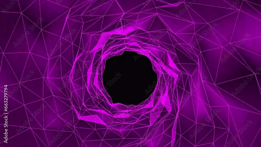Abstract wireframe tunnel. Purple wormhole. 3D portal grid. Futuristic fantasy triangle funnel. Abstract dynamic wormhole tunnel on black background. Deep wavy wormhole. Futuristic triangle