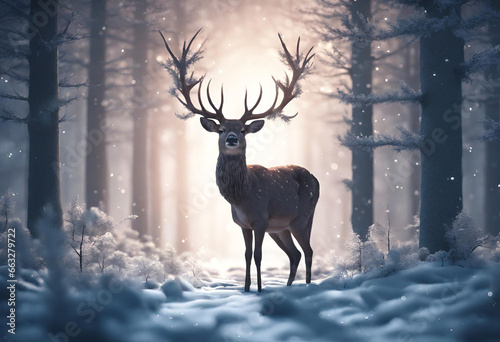 deer - Beautiful 3D illustration of deer in night winter forest © HanzProject