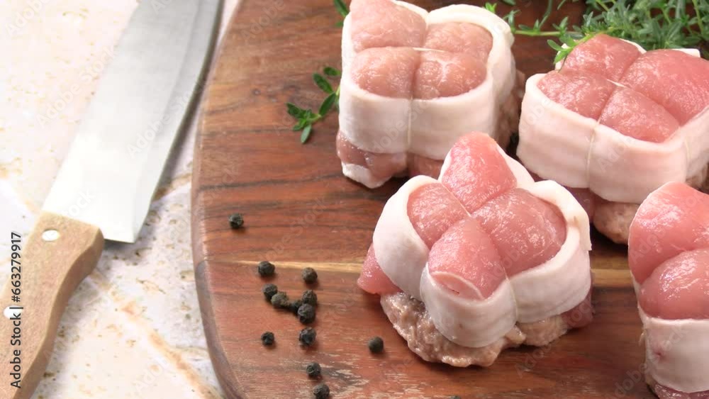 paupiettes de viande cru, en gros plan, sur une planche à découper	