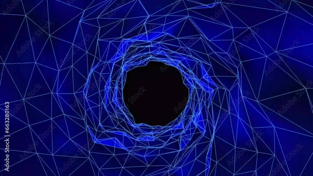 Abstract wireframe tunnel. Blue wormhole. 3D portal grid. Futuristic fantasy triangle funnel. Abstract dynamic wormhole tunnel on black background. Deep wavy wormhole