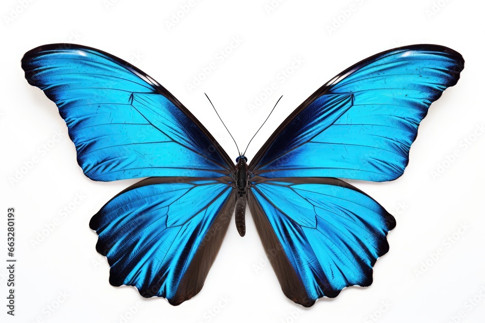 Displaying Beautiful Blue Tropical Butterflie With Wings Spread And In Flight, Isolated On White Background, In Closeup Macro Photography Displaying Beautiful Blue Tropical Butterflie With Wings Spread And In Flight, Isolated On White Background, In Closeup Macro Photography