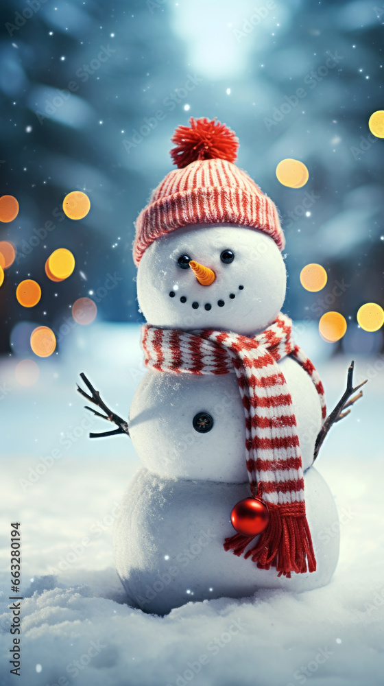 Fototapeta premium Smiling snowman against christmas bokeh lights
