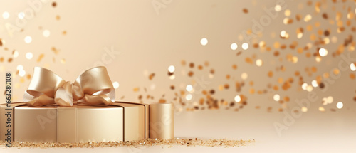 golden gift box with ribbon and bow on beige background with empty copy space